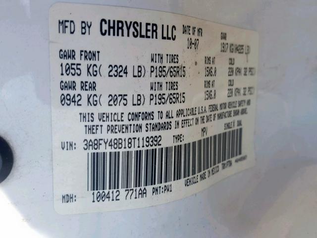 3A8FY48B18T119392 - 2008 CHRYSLER PT CRUISER WHITE photo 10