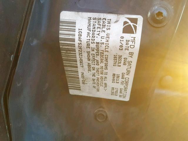 1G8AF52F23Z145617 - 2003 SATURN ION LEVEL BLACK photo 10