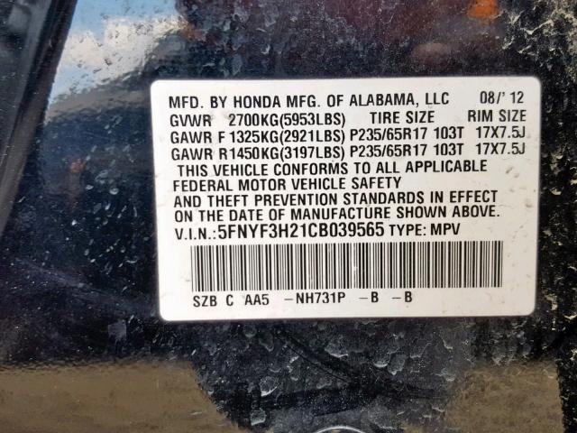 5FNYF3H21CB039565 - 2012 HONDA PILOT LX BLACK photo 10