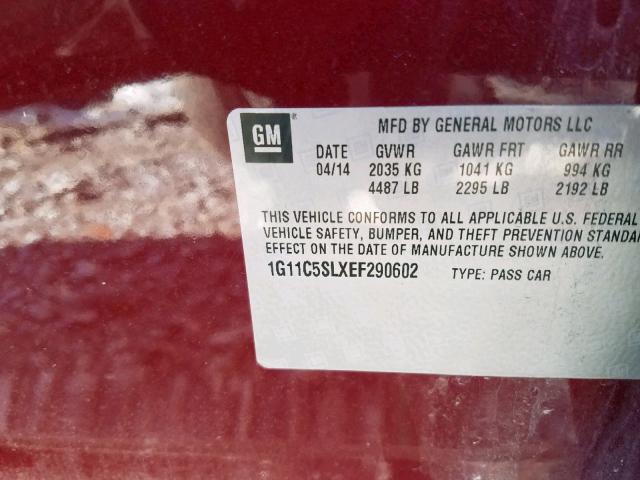 1G11C5SLXEF290602 - 2014 CHEVROLET MALIBU 1LT BURGUNDY photo 10