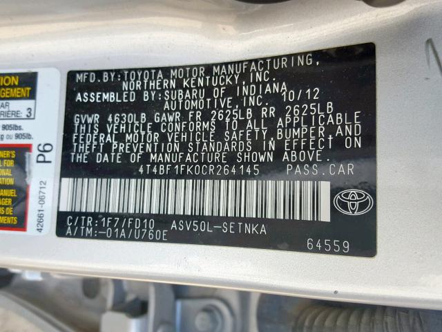 4T4BF1FK0CR264145 - 2012 TOYOTA CAMRY BASE SILVER photo 10