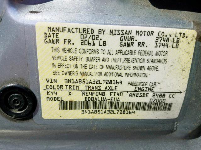 3N1AB51A32L728164 - 2002 NISSAN SENTRA SE- SILVER photo 10