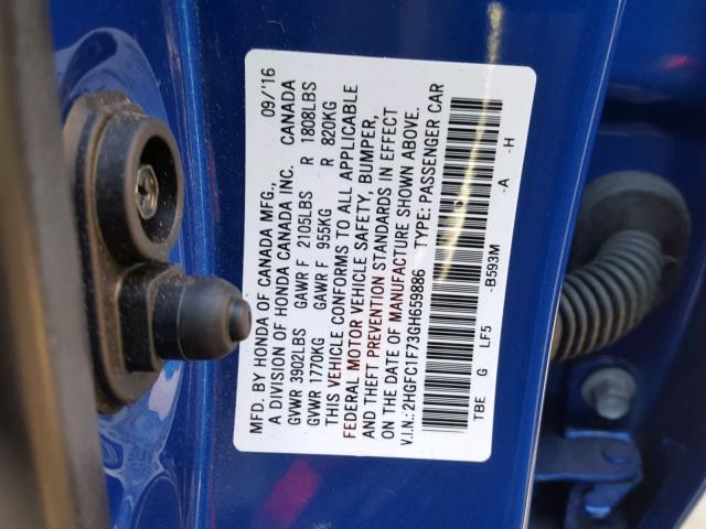 2HGFC1F73GH659886 - 2016 HONDA CIVIC EXL BLUE photo 10