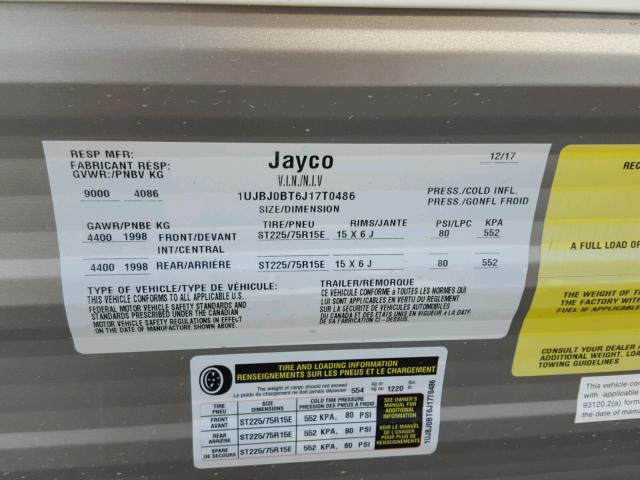 1UJBJ0BT6J17T0486 - 2018 JAYCO JAY FLIGHT  BEIGE photo 10