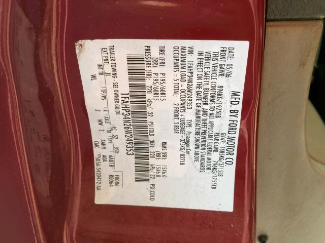 1FAHP34N26W249353 - 2006 FORD FOCUS ZX4 MAROON photo 10