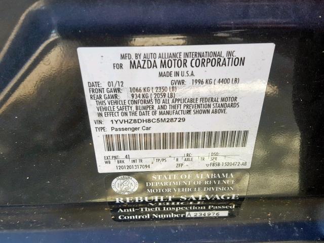 1YVHZ8DH8C5M28729 - 2012 MAZDA 6 I BLACK photo 10