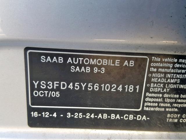 YS3FD45Y561024181 - 2006 SAAB 9-3 SILVER photo 10