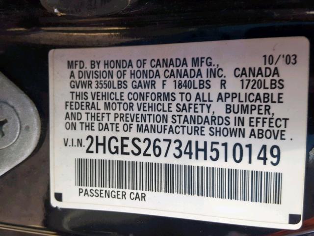 2HGES26734H510149 - 2004 HONDA CIVIC EX BLACK photo 10