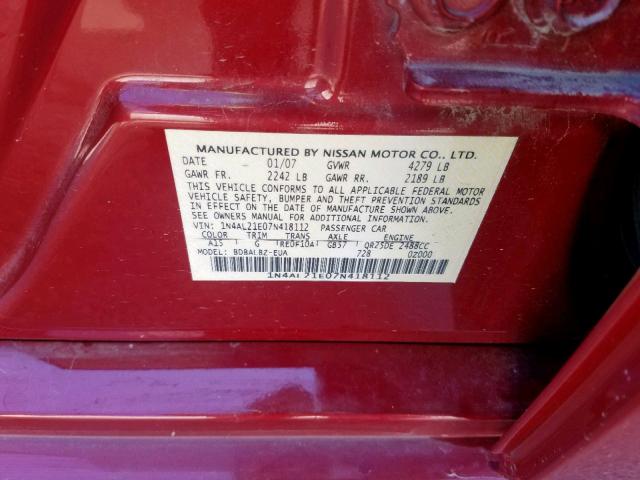 1N4AL21E07N418112 - 2007 NISSAN ALTIMA 2.5 RED photo 10