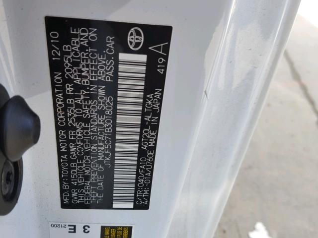 JTKJF5C71B3018025 - 2011 TOYOTA SCION TC WHITE photo 10