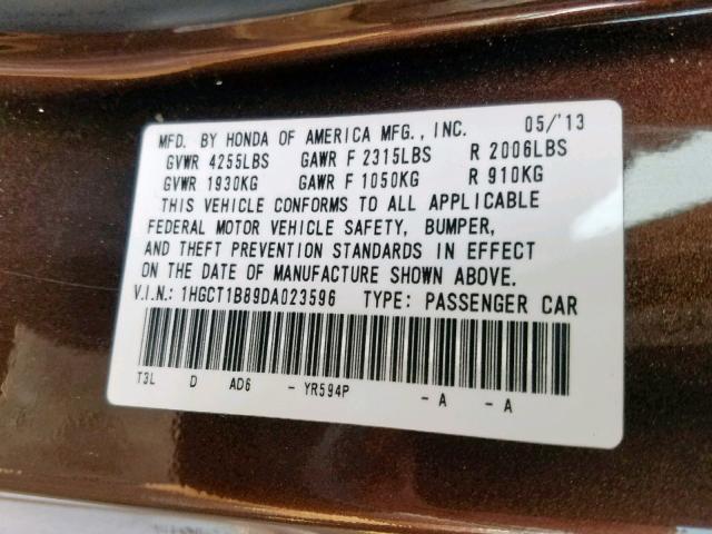 1HGCT1B89DA023596 - 2013 HONDA ACCORD EXL BROWN photo 10