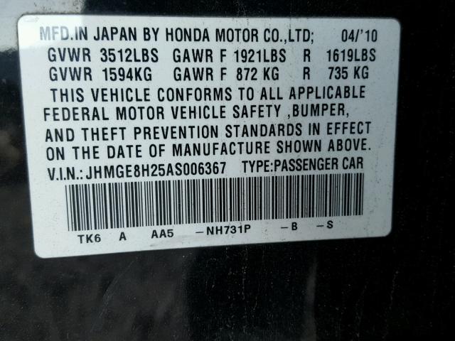 JHMGE8H25AS006367 - 2010 HONDA FIT BLACK photo 10