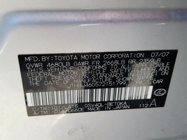 JTHBJ46G572151799 - 2007 LEXUS ES350 SILVER photo 10