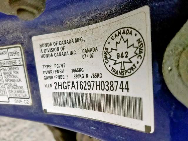 2HGFA16297H038744 - 2007 HONDA CIVIC DX BLUE photo 9