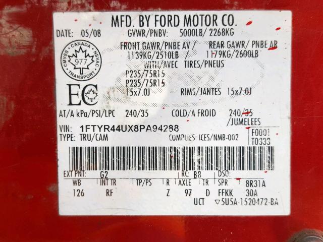 1FTYR44UX8PA94288 - 2008 FORD RANGER SUP RED photo 10