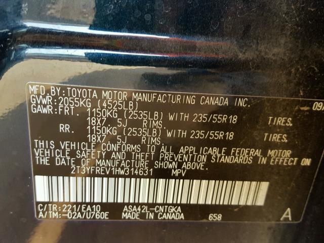 2T3YFREV1HW314631 - 2017 TOYOTA RAV4 LIMIT BLUE photo 10