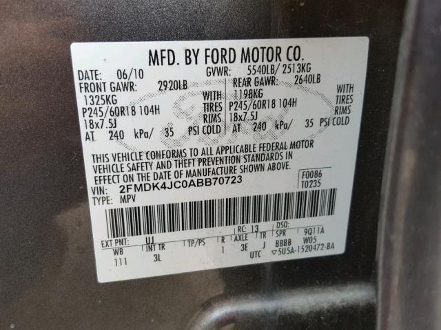 2FMDK4JC0ABB70723 - 2010 FORD EDGE SEL GRAY photo 10