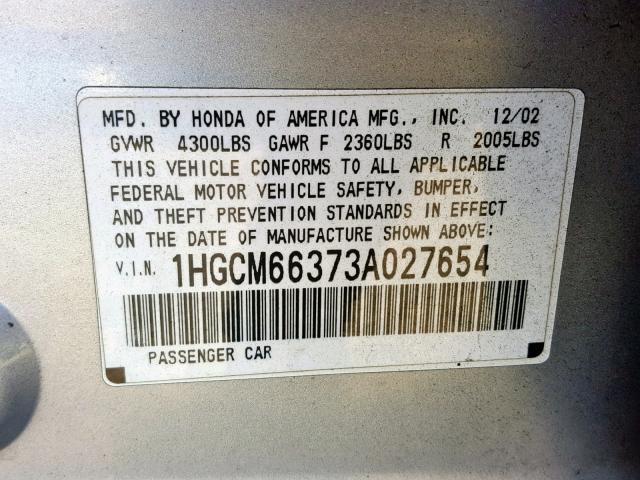 1HGCM66373A027654 - 2003 HONDA ACCORD LX GRAY photo 10