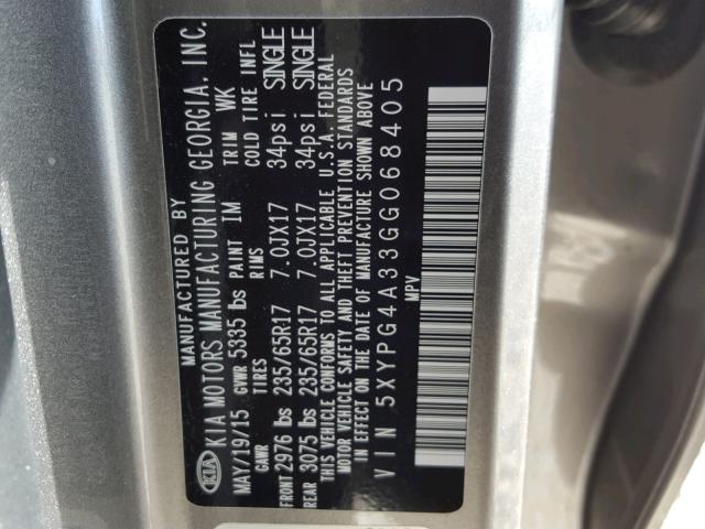 5XYPG4A33GG068405 - 2016 KIA SORENTO LX GRAY photo 10