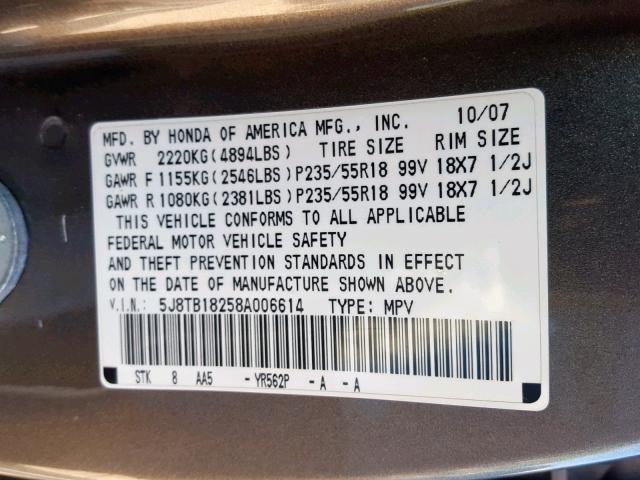 5J8TB18258A006614 - 2008 ACURA RDX GRAY photo 10