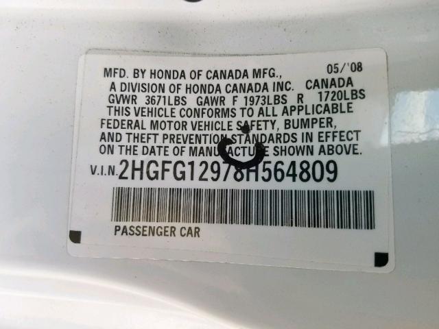 2HGFG12978H564809 - 2008 HONDA CIVIC EXL 白色 照片 10