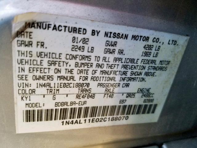 1N4AL11E02C188070 - 2002 NISSAN ALTIMA BAS SILVER photo 10