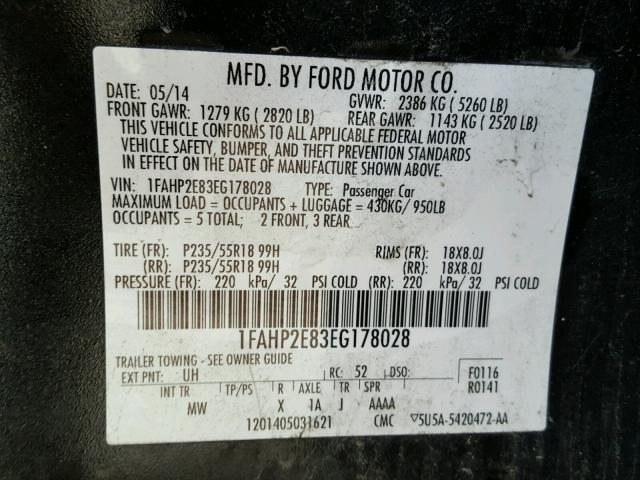 1FAHP2E83EG178028 - 2014 FORD TAURUS SEL BLACK photo 10