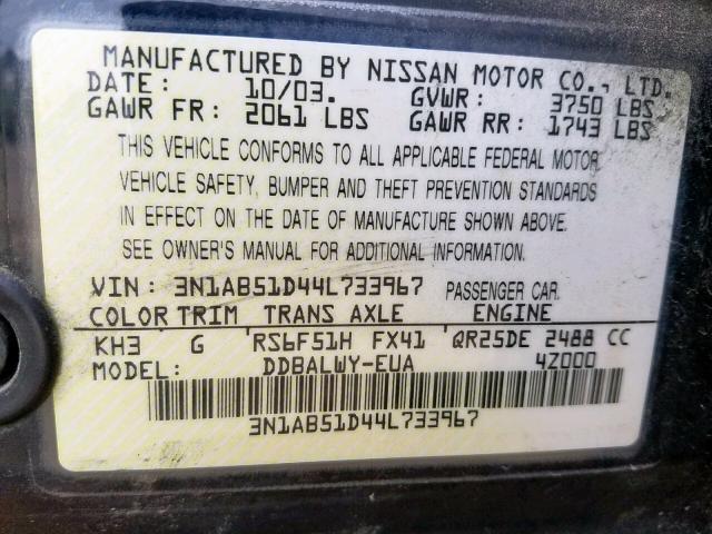 3N1AB51D44L733967 - 2004 NISSAN SENTRA SE- BLACK photo 10