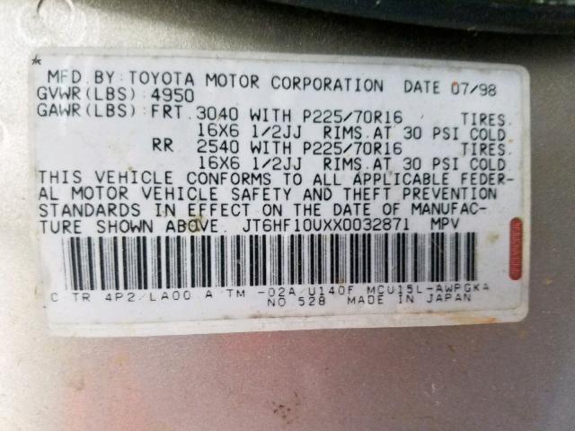 JT6HF10UXX0032871 - 1999 LEXUS RX 300 GOLD photo 10