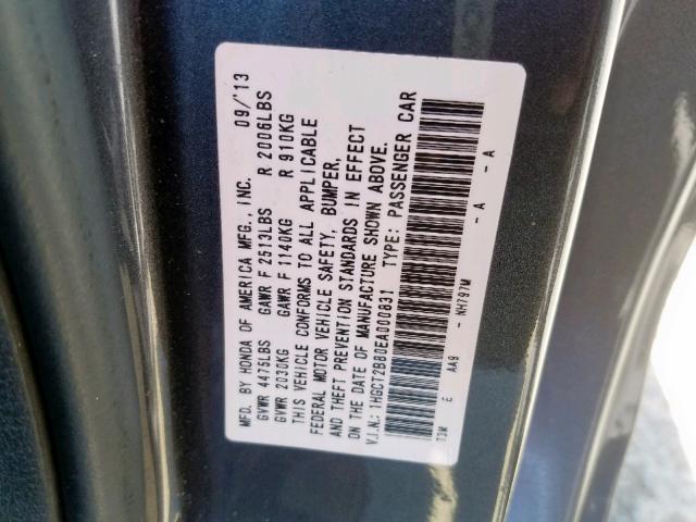 1HGCT2B80EA000831 - 2014 HONDA ACCORD EXL GRAY photo 10