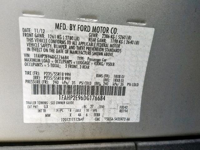 1FAHP2E96DG176684 - 2013 FORD TAURUS SEL SILVER photo 10