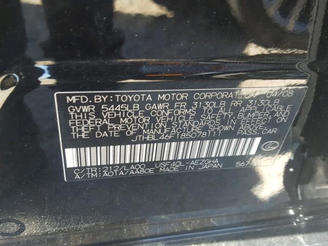 JTHBL46F185078111 - 2008 LEXUS LS 460 BLACK photo 10