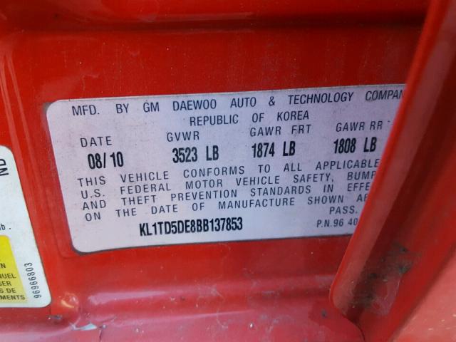 KL1TD5DE8BB137853 - 2011 CHEVROLET AVEO LS RED photo 10