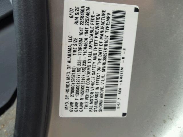 5FNRL38897B101057 - 2007 HONDA ODYSSEY TO SILVER photo 10