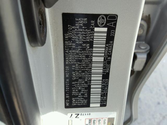 2T1KR32E98C702859 - 2008 TOYOTA COROLLA MA SILVER photo 10