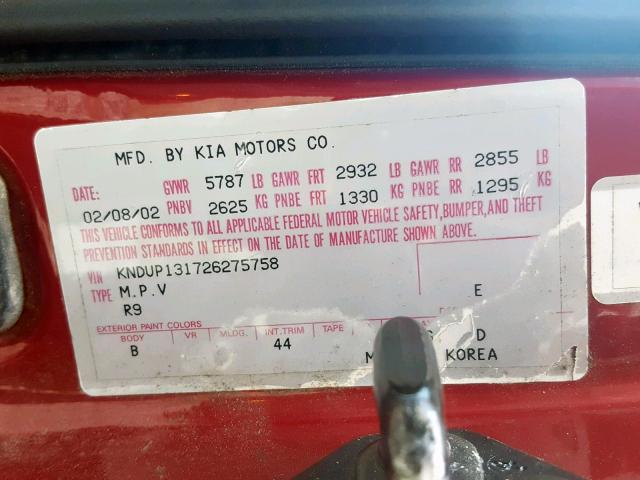 KNDUP131726275758 - 2002 KIA SEDONA EX RED photo 10