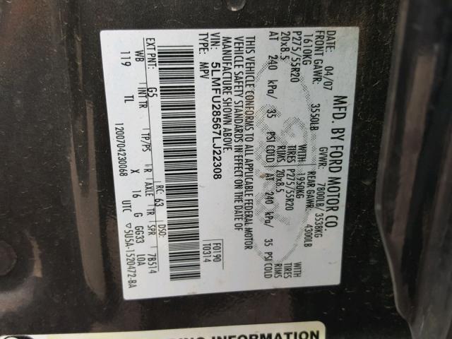 5LMFU28567LJ22308 - 2007 LINCOLN NAVIGATOR Сұр фото 10