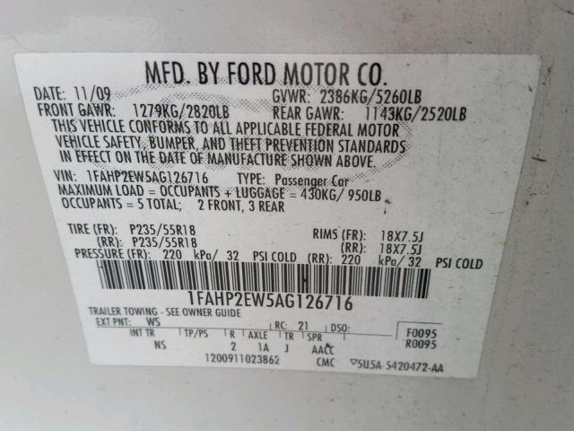 1FAHP2EW5AG126716 - 2010 FORD TAURUS SEL WHITE photo 10