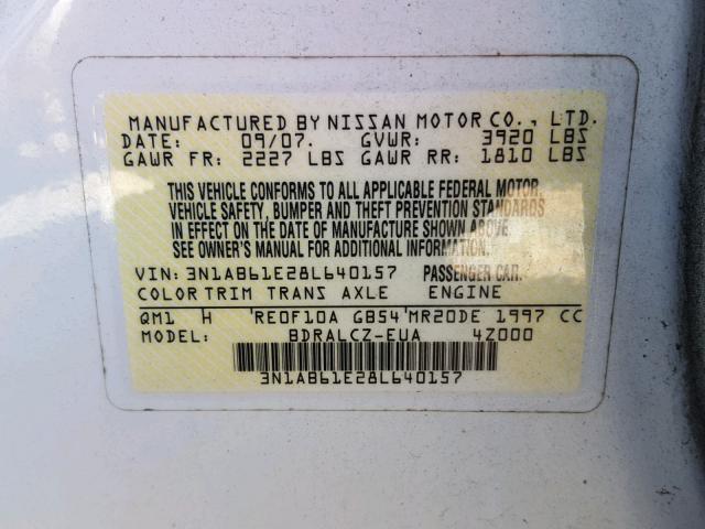 3N1AB61E28L640157 - 2008 NISSAN SENTRA 2.0 WHITE photo 10