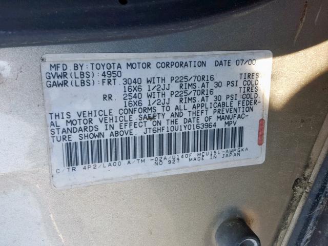 JT6HF10U1Y0163964 - 2000 LEXUS RX 300 GOLD photo 10