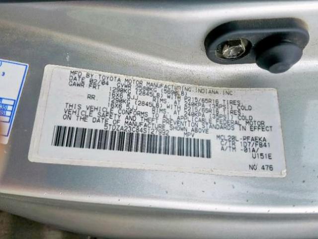 5TDZA23C84S127992 - 2004 TOYOTA SIENNA SILVER photo 10