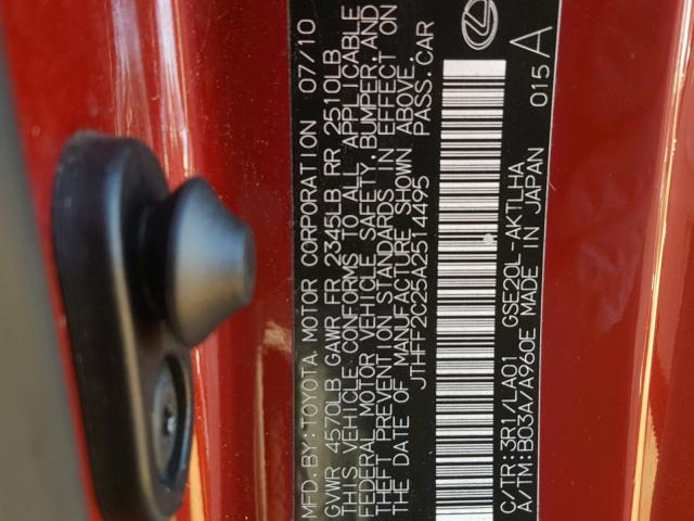 JTHFF2C25A2514495 - 2010 LEXUS IS 250 RED photo 10