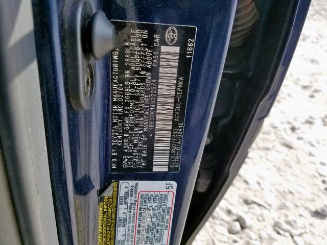 4T1BE32K14U322974 - 2004 TOYOTA CAMRY LE BLUE photo 10