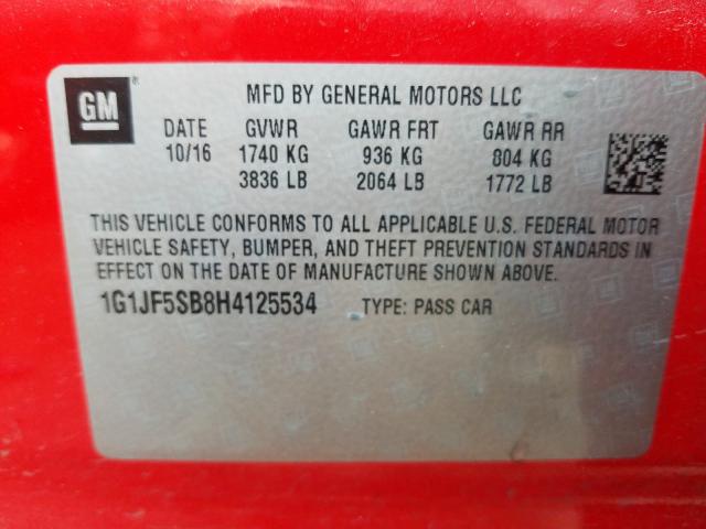 1G1JF5SB8H4125534 - 2017 CHEVROLET SONIC PREM RED photo 10