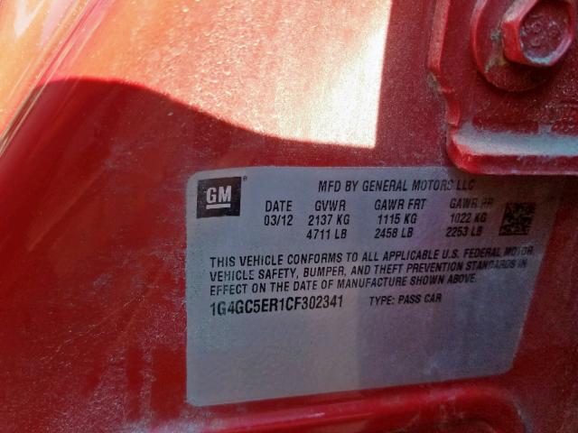 1G4GC5ER1CF302341 - 2012 BUICK LACROSSE RED photo 10