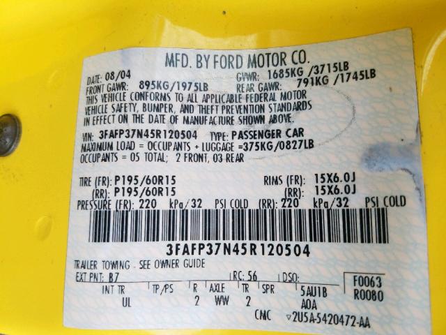 3FAFP37N45R120504 - 2005 FORD FOCUS ZX5 YELLOW photo 10