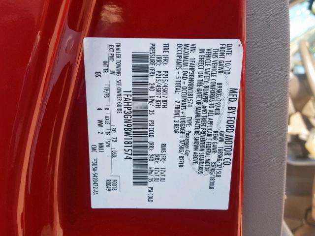 1FAHP3GN9BW181574 - 2011 FORD FOCUS SES RED photo 10