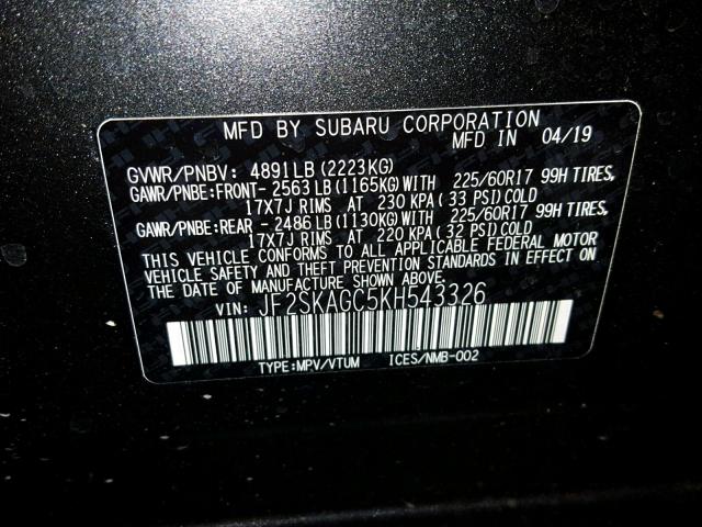 JF2SKAGC5KH543326 - 2019 SUBARU FORESTER P GRAY photo 10