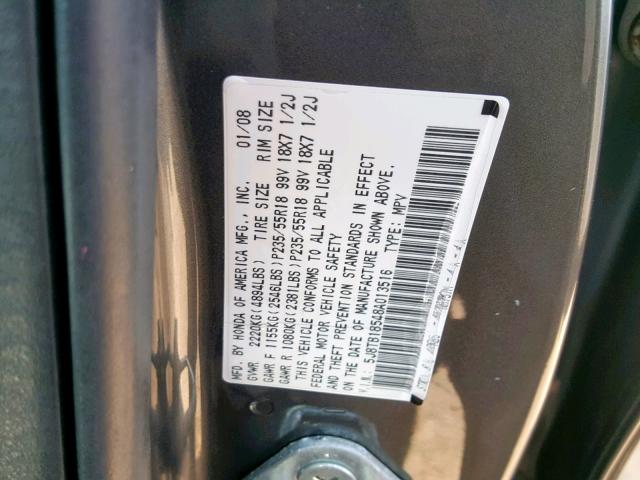 5J8TB18548A013516 - 2008 ACURA RDX TECHNO CHARCOAL photo 10