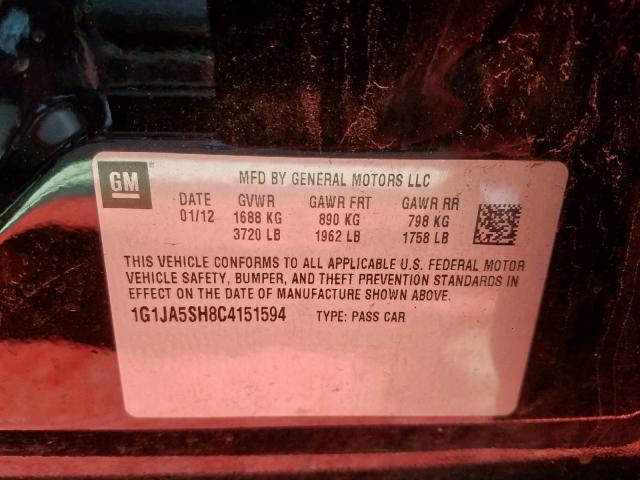 1G1JA5SH8C4151594 - 2012 CHEVROLET SONIC LS 黑色 照片 10